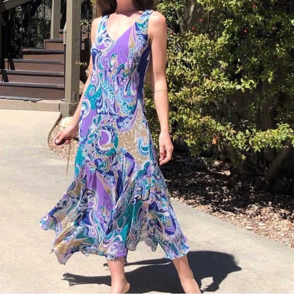 Stunning beaded vintage flowy asymmetric hem sleeveless paisley print dress - Picture 1 of 6